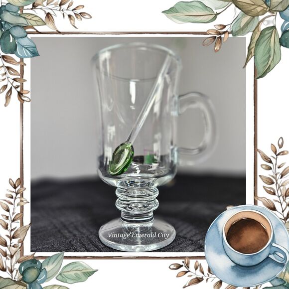 Set Of Glass Irish Coffee Hot / Cold Footed Clear Mug & Emerald City Green Spoon - Picture 1 of 13